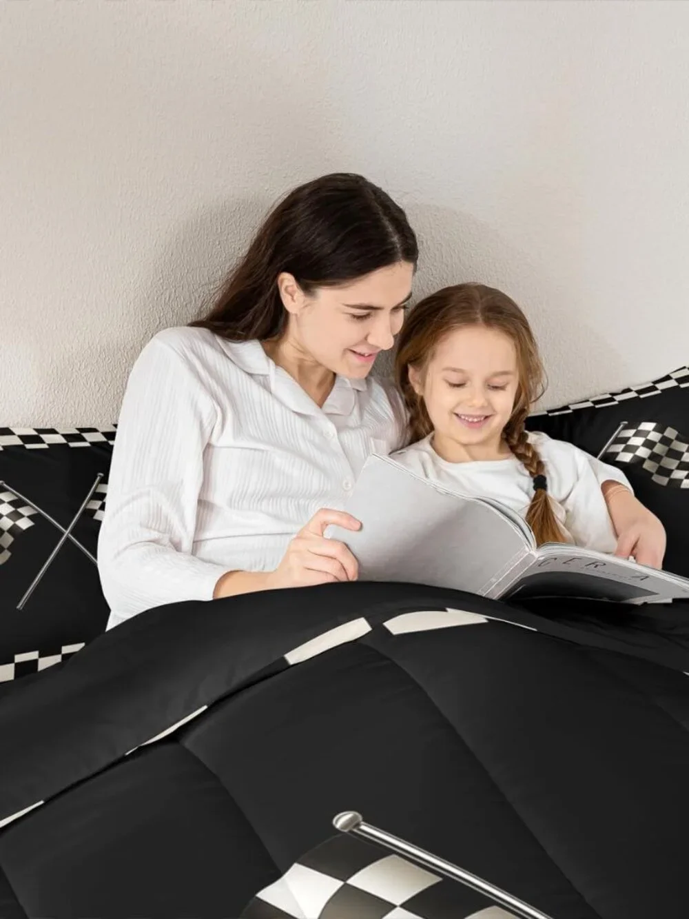 Black White Flag Full Size Comforter Set Geometric Grid Bedding Set for Kids Adu